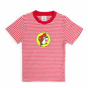 Buc-ee’s Striped Classic T-shirt in red and white with solid red crewneck and large printed beaver logo