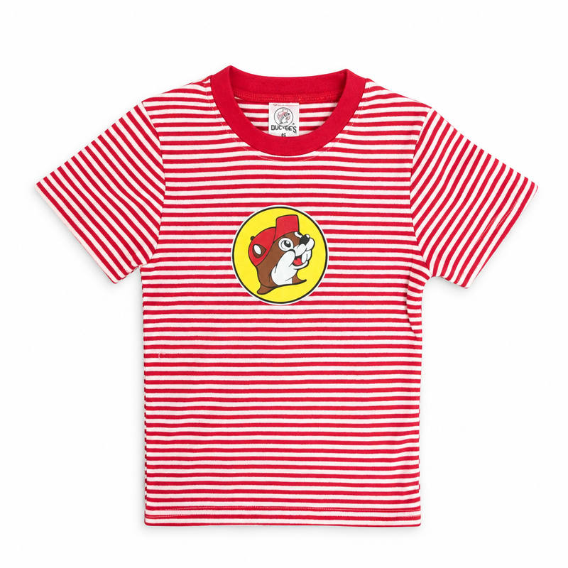Buc-ee’s Striped Classic T-shirt in red and white with solid red crewneck and large printed beaver logo