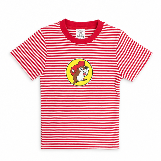 Buc-ee’s Striped Classic T-shirt in red and white with solid red crewneck and large printed beaver logo