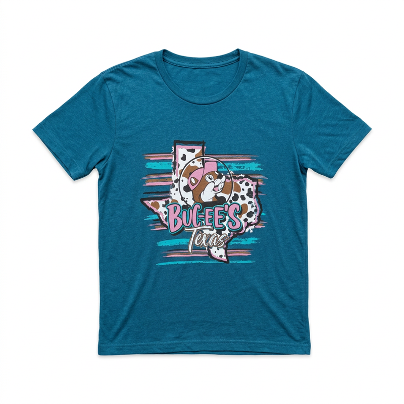 Buc-ee’s Teal Texas State shirt, front view with cow-print Texas outline, beaver logo, and pink and turquoise stripes