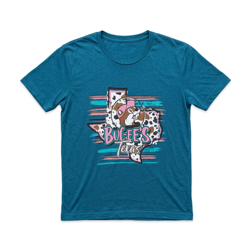 Buc-ee’s Teal Texas State shirt, front view with cow-print Texas outline, beaver logo, and pink and turquoise stripes
