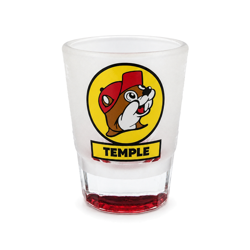 Buc-ee's Temple shot glass in frosted glass with the yellow beaver logo, TEMPLE banner, and red-tinted clear base