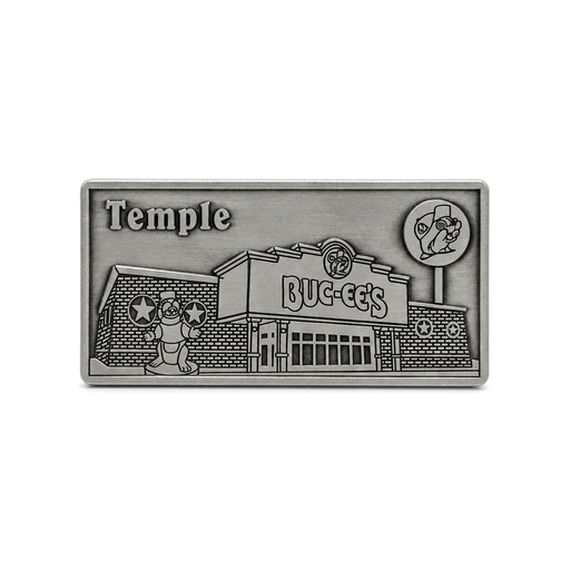 Buc-ee's Temple metal souvenir magnet in antique silver finish with an embossed storefront, beaver statue and logo sign