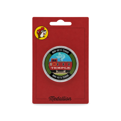Buc-ee's Temple collectible medallion with a red caboose and Texas map design, in a clear capsule on a red card