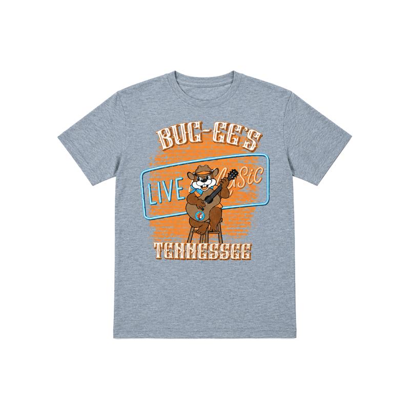 Buc-ee's Tennessee heather gray crewneck T-shirt, front view, with the beaver mascot playing guitar under a Live Music sign
