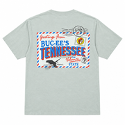 Back of the Buc-ee's Tennessee Postcard t-shirt with a "Greetings From Tennessee, The Volunteer State" airmail print