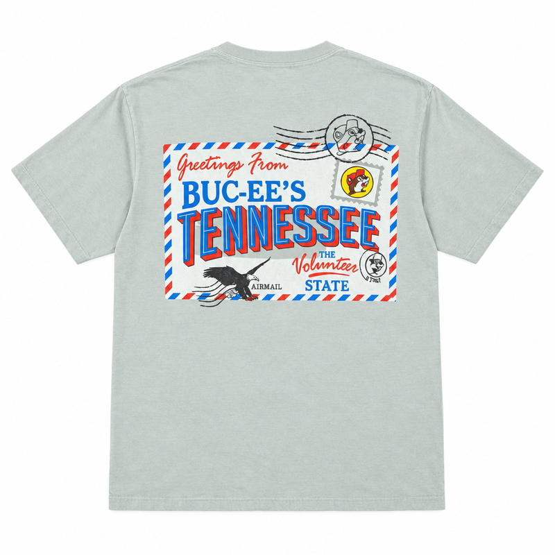 Back of the Buc-ee's Tennessee Postcard t-shirt with a "Greetings From Tennessee, The Volunteer State" airmail print