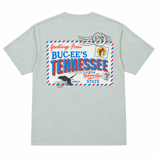 Back of the Buc-ee's Tennessee Postcard t-shirt with a "Greetings From Tennessee, The Volunteer State" airmail print