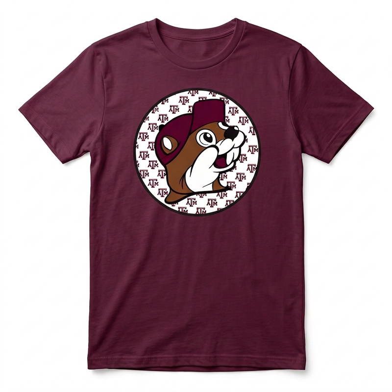 Buc-ee’s Texas A&M shirt in maroon, crewneck tee with beaver logo over a repeating ATM pattern
