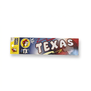 Buc-ee’s Texas bumper sticker with beaver logo, TX with bluebonnets, and white lettering over a red and blue state outline