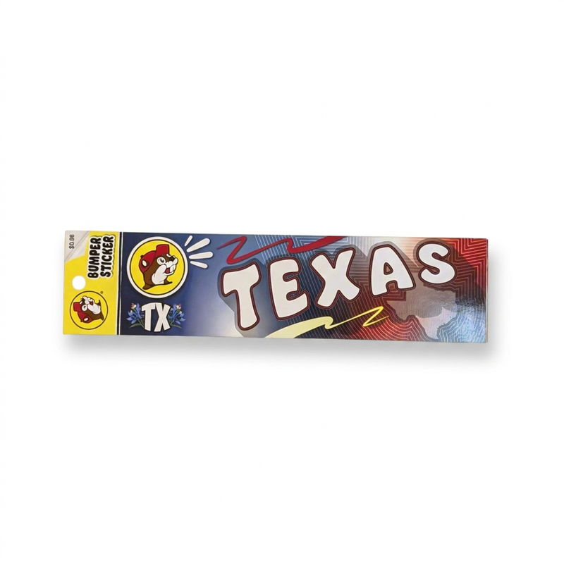Buc-ee’s Texas bumper sticker with beaver logo, TX with bluebonnets, and white lettering over a red and blue state outline
