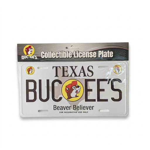 Buc-ee’s collectible license plate in white with “Texas” and “Beaver Believer” text and beaver logo, in retail packaging
