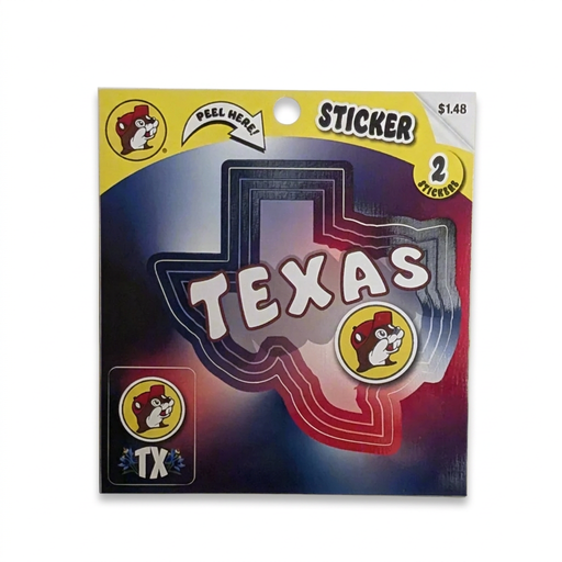 Buc-ee’s Texas sticker pack with 2 stickers: red, white, and blue Texas outline and a small TX beaver logo with bluebonnets