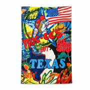 Buc-ee's Texas plush blanket with colorful graffiti art of the beaver logo, Texas map, lone star, American flag, and BBQ