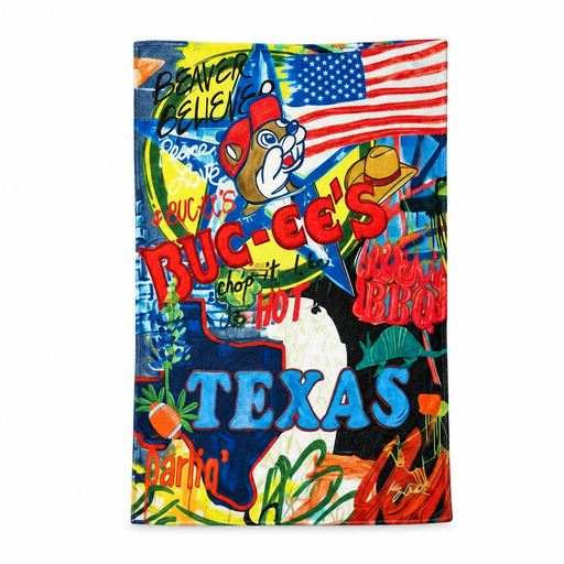 Buc-ee's Texas plush blanket with colorful graffiti art of the beaver logo, Texas map, lone star, American flag, and BBQ
