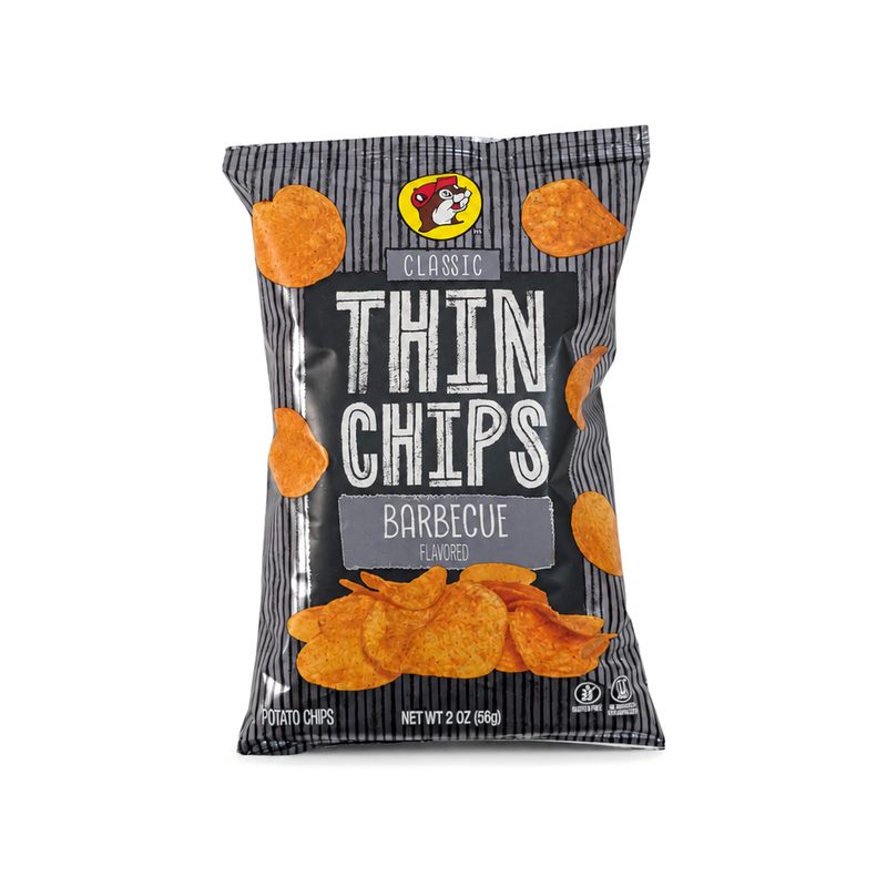 Bag of Buc-ee's Classic Thin Chips, Barbecue flavor, in black wood grain bag