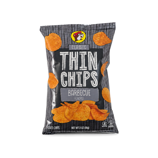 Bag of Buc-ee's Classic Thin Chips, Barbecue flavor, in black wood grain bag