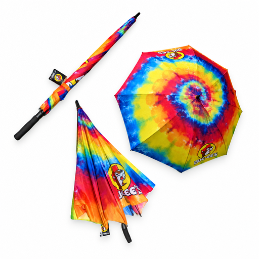 Buc-ee’s tie-dye umbrella in a rainbow spiral print with beaver logo