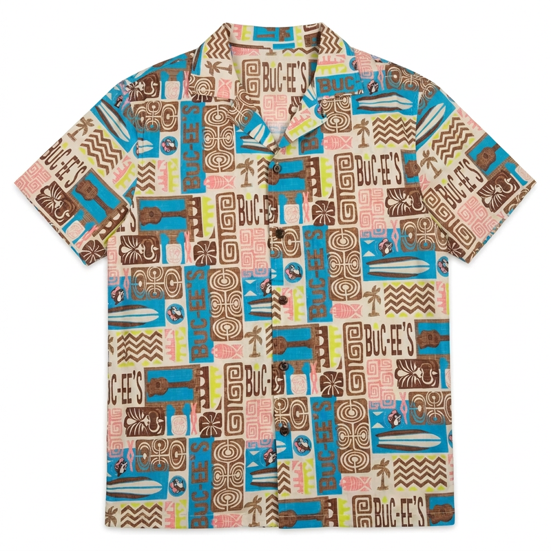 Buc-ee’s Tiki Camper Shirt, short-sleeve button-up with camp collar and print of ukuleles, surfboards, and tiki masks