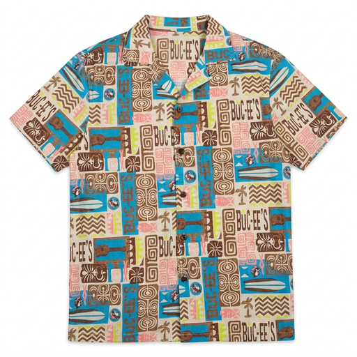 Buc-ee’s Tiki Camper Shirt, short-sleeve button-up with camp collar and print of ukuleles, surfboards, and tiki masks