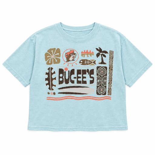 Buc-ee’s Tiki crop top, light blue crewneck tee with tiki print of beaver logo, hibiscus, palm tree, and fish, front view