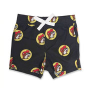 Buc-ee’s toddler black logo swim trunks with white bow drawstring and large yellow beaver logo print