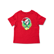 Red toddler Christmas T-shirt with Santa Buc-ee in a holly wreath with gold bells, front view on white