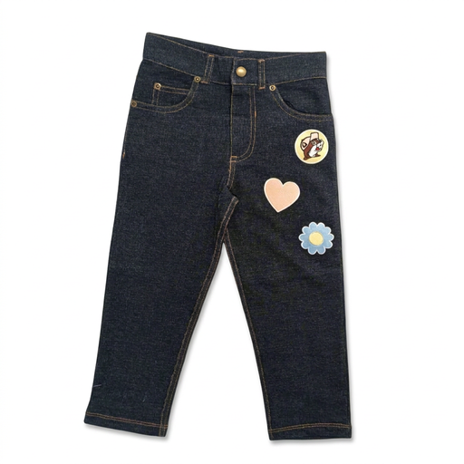 Buc-ee’s toddler Flower Heart jeans in dark wash with button waist, belt loops, and beaver, heart, and daisy patches