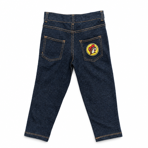 Buc-ee’s toddler jeans in dark wash with belt loops, gold contrast stitching, and beaver patch on back pocket