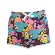 Buc-ee’s toddler tropical swim trunks with bow drawstring and print of pink-capped beavers on turquoise and yellow leaves