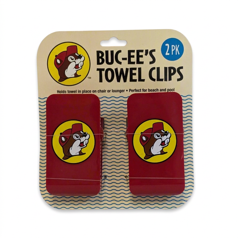 Buc-ee’s Towel Clips 2-pack, red clips with the beaver logo that hold towels on beach and pool chairs or loungers