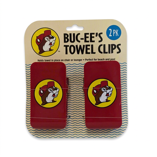 Buc-ee’s Towel Clips 2-pack, red clips with the beaver logo that hold towels on beach and pool chairs or loungers