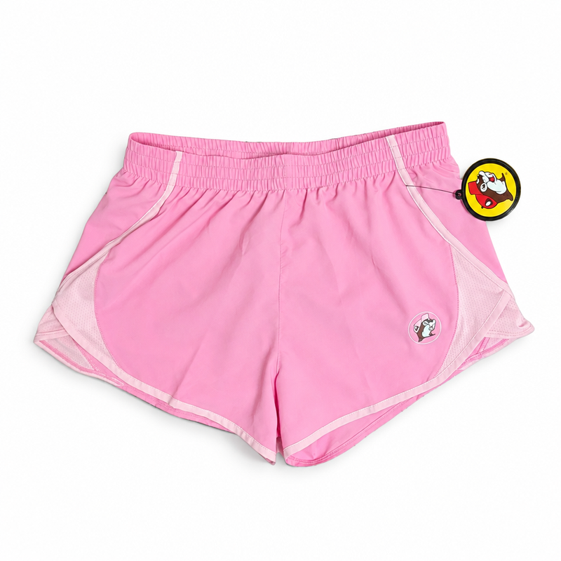 Buc-ee’s Track Shorts in pink with elastic waistband, light pink trim, mesh side panels, and beaver logo