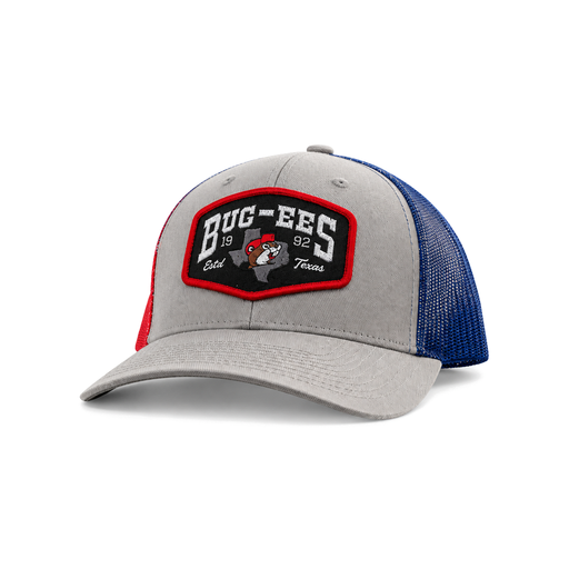 Buc-ee's trucker hat with gray front, red and blue mesh sides, and a black patch of the beaver mascot over a Texas map