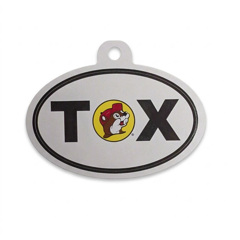 Buc-ee’s TX Oval Sticker, a white euro-style sticker with black border and beaver logo between the T and X