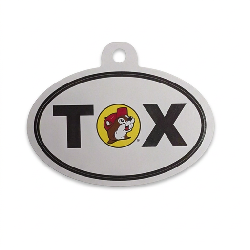 Buc-ee’s TX Oval Sticker, a white euro-style sticker with black border and beaver logo between the T and X