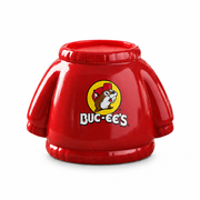 Buc-ee's Warm Cashmere scented candle in a glossy red sweater-shaped holder with the beaver logo on the front