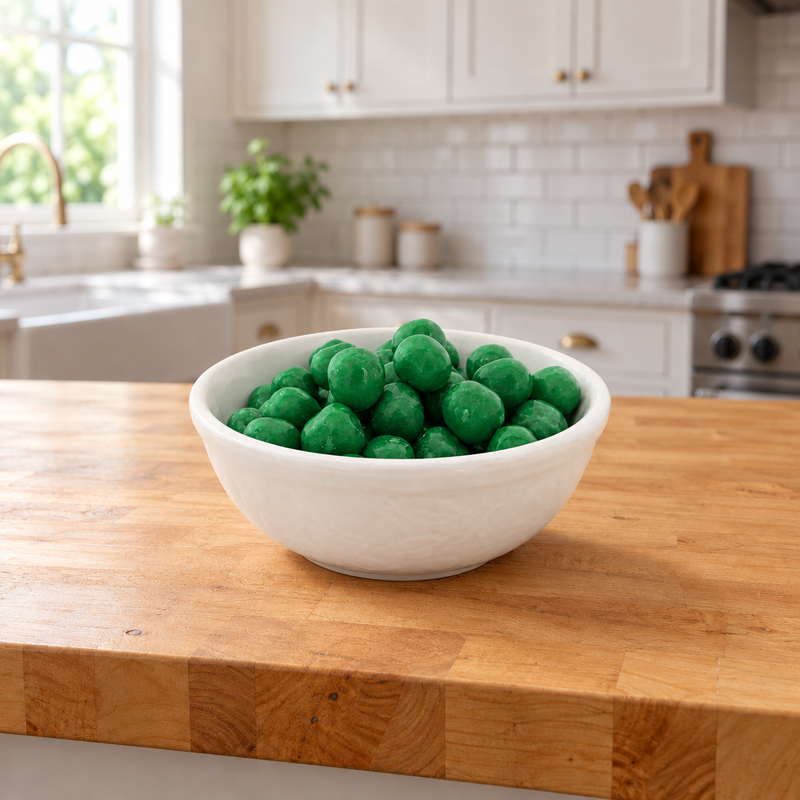 Buc-ee's Watermelon Sours candies filling a white bowl on a butcher block kitchen counter, ready to share as a snack