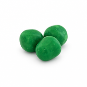 Buc-ee's Watermelon Sours close-up showing three unwrapped round candies with a speckled, mottled green coating