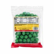 Buc-ee's Watermelon Sours bag back with nutrition facts, ingredient list, and round green sour candies visible