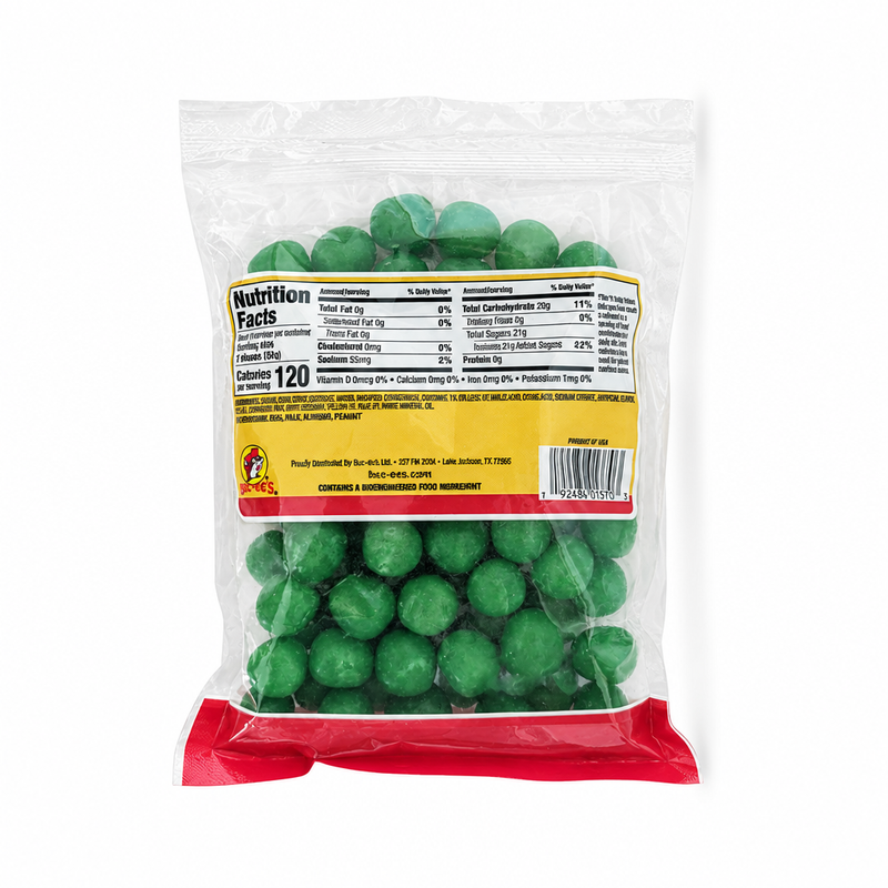 Buc-ee's Watermelon Sours bag back with nutrition facts, ingredient list, and round green sour candies visible