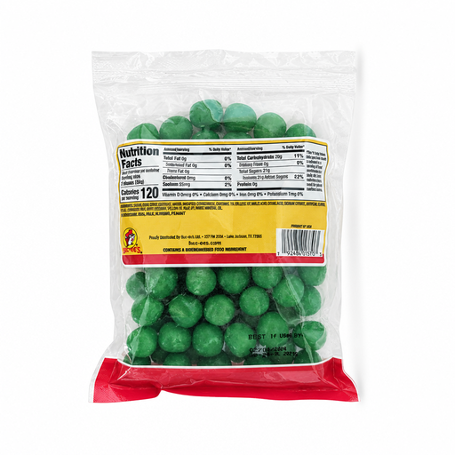Buc-ee's Watermelon Sours bag back with nutrition facts, ingredient list, and round green sour candies visible
