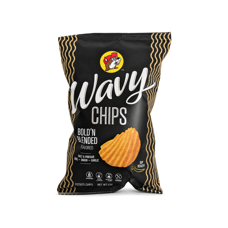 Black bag of Buc-ee's Wavy Chips, Bold 'N Blended flavored ridged potato chips, on white