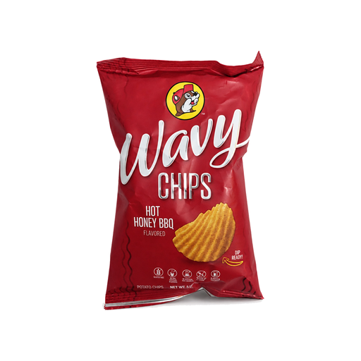 Buc-ee's Wavy Chips in Hot Honey BBQ flavor, a red bag of rippled potato chips, a Texas road trip favorite