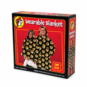 Buc-ee's wearable blanket in its red and black gift box, labeled one size, with two adults wearing the hoodie