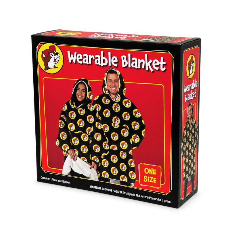 Buc-ee's wearable blanket in its red and black gift box, labeled one size, with two adults wearing the hoodie