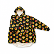 Buc-ee's wearable blanket hoodie in black with all-over beaver logo print, cream sherpa lining, and front pocket