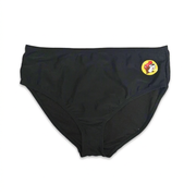 Buc-ee’s women’s black logo swim bottoms, mid-rise brief cut with wide waistband and small beaver logo on the hip