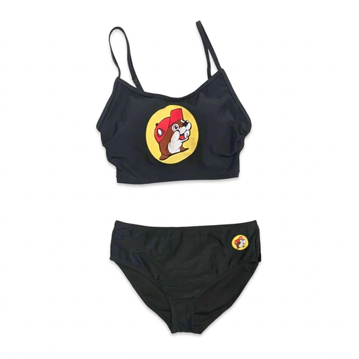 Buc-ee’s women’s black logo two-piece swim set with crop top featuring large beaver logo and bottom with small hip logo
