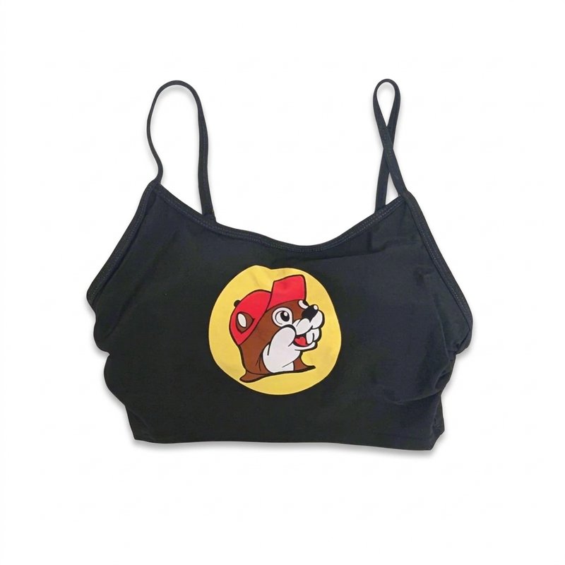 Buc-ee’s women’s black logo swim top, a scoop-neck crop top with thin straps and large yellow beaver logo